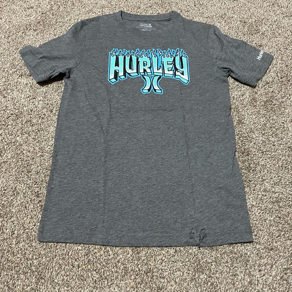 Hurley Kids Gray Graphic T Shirt Short Sleeve Flames Logo Boy's Large